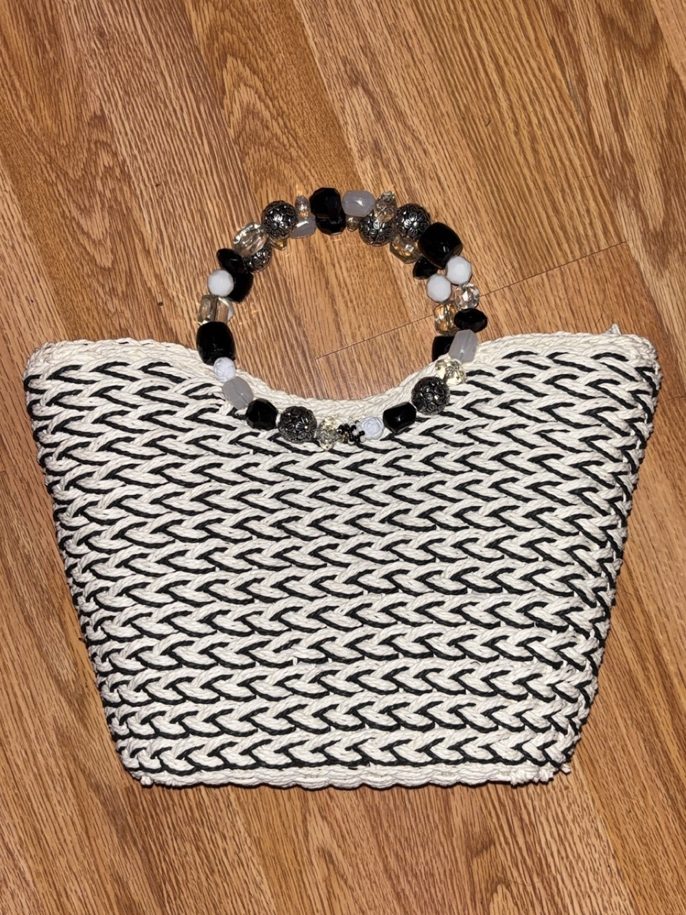 Woven Black & White Beaded Handle Tote Bag